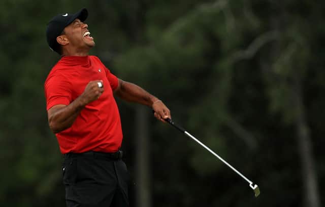 Tiger Woods celebrates winning the Masters for the fifth time at Augusta National in Aprill 2019. Picture: Mike Ehrmann/Getty Images