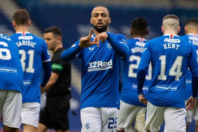 Kemar Roofe celebrates his goal in Rangers' 4-0 win over Aberdeen at Ibrox on Sunday afternoon. (Photo by Alan Harvey / SNS Group)