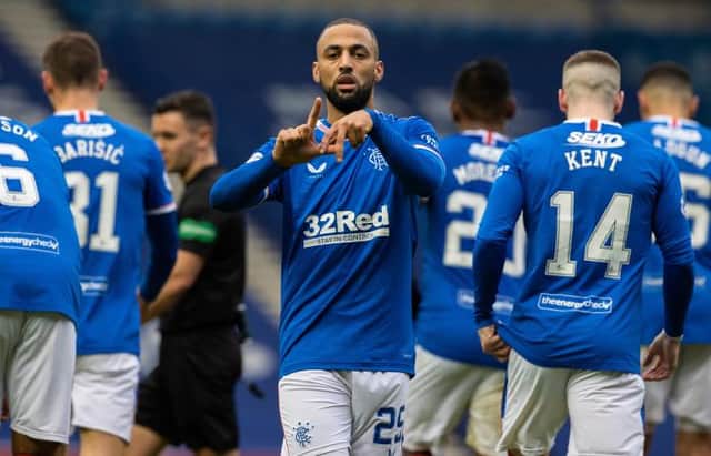 Kemar Roofe celebrates his goal in Rangers' 4-0 win over Aberdeen at Ibrox on Sunday afternoon. (Photo by Alan Harvey / SNS Group)