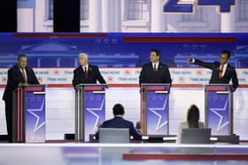Businessman Vivek Ramaswamy, Florida Governor Ron DeSantis and former vice-president Mike Pence look toward former New Jersey Governor Chris Christie during a Republican presidential primary debate hosted by FOX News Channel. Picture: AP Photo/Morry Gash