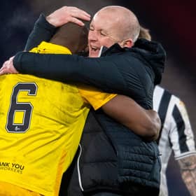 David Martindale celebrates with Livingston skipper Marvin Bartley after leading his side into final of the Betfred Cup with a 1-0 win over St Mirren (Photo by Craig Foy / SNS Group)