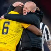 David Martindale celebrates with Livingston skipper Marvin Bartley after leading his side into final of the Betfred Cup with a 1-0 win over St Mirren (Photo by Craig Foy / SNS Group)