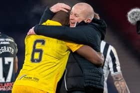 David Martindale celebrates with Livingston skipper Marvin Bartley after leading his side into final of the Betfred Cup with a 1-0 win over St Mirren (Photo by Craig Foy / SNS Group)