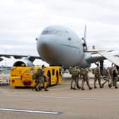 UK military personnel prior to boarding an RAF Voyager aircraft at RAF Brize Norton in Oxfordshire, as part of a 600-strong UK-force sent to assist with the operation to rescue British nationals in Afghanistan.