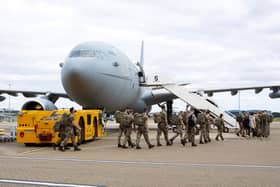 UK military personnel prior to boarding an RAF Voyager aircraft at RAF Brize Norton in Oxfordshire, as part of a 600-strong UK-force sent to assist with the operation to rescue British nationals in Afghanistan.