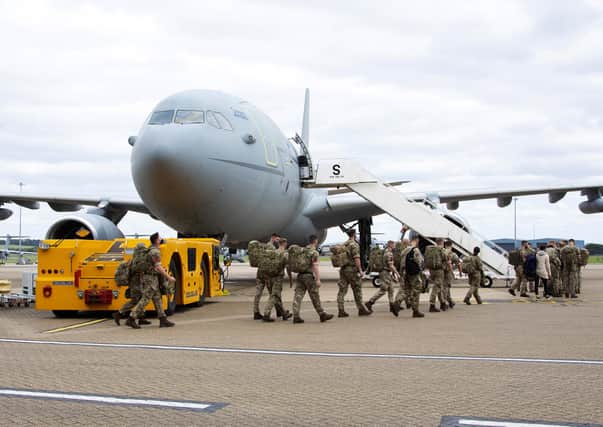 UK military personnel prior to boarding an RAF Voyager aircraft at RAF Brize Norton in Oxfordshire, as part of a 600-strong UK-force sent to assist with the operation to rescue British nationals in Afghanistan.