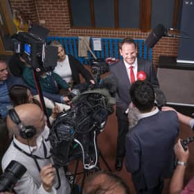 Labour candidate Simon Lightwood celebrates winning the Wakefield by-election, following the by-election count at Thornes Park Stadium in Wakefield, West Yorkshire. The by-election was triggered by the resignation of Imran Ahmad Khan following his conviction for sexual assault. Picture date: Friday June 24, 2022.