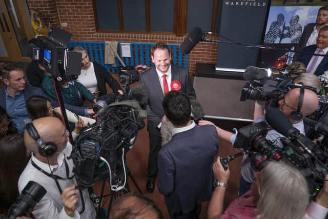 Labour candidate Simon Lightwood celebrates winning the Wakefield by-election, following the by-election count at Thornes Park Stadium in Wakefield, West Yorkshire. The by-election was triggered by the resignation of Imran Ahmad Khan following his conviction for sexual assault. Picture date: Friday June 24, 2022.