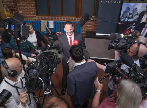 Labour candidate Simon Lightwood celebrates winning the Wakefield by-election, following the by-election count at Thornes Park Stadium in Wakefield, West Yorkshire. The by-election was triggered by the resignation of Imran Ahmad Khan following his conviction for sexual assault. Picture date: Friday June 24, 2022.