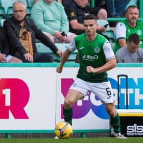 Hibs' Paul McGinn in action during Thursday night's European tie against Santa Coloma at Easter Road. Photo by Ross Parker / SNS Group