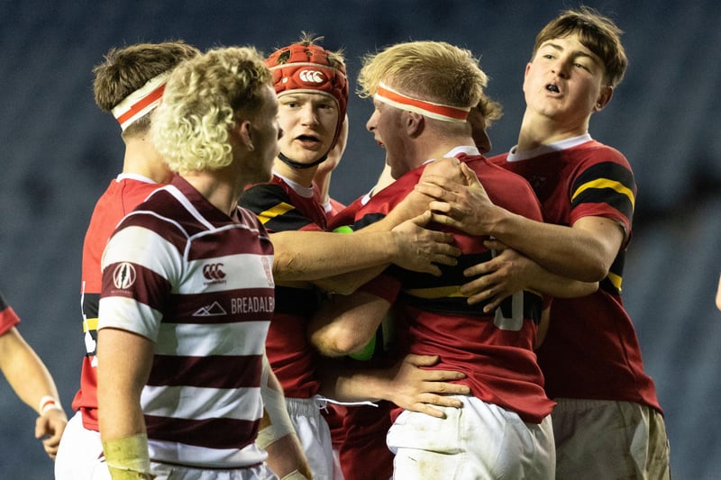 Stewart's Melville celebrate scoring a try during the Scottish Schools U-18 Cup Final against George Watson's College at Murrayfield.
