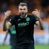 Hibs' Ryan Porteous celebrates at full time during the 3-2 win over Motherwell.