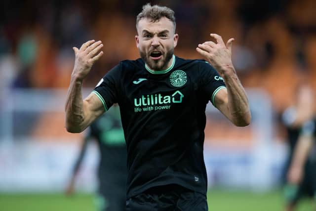 Hibs' Ryan Porteous celebrates at full time during the 3-2 win over Motherwell.
