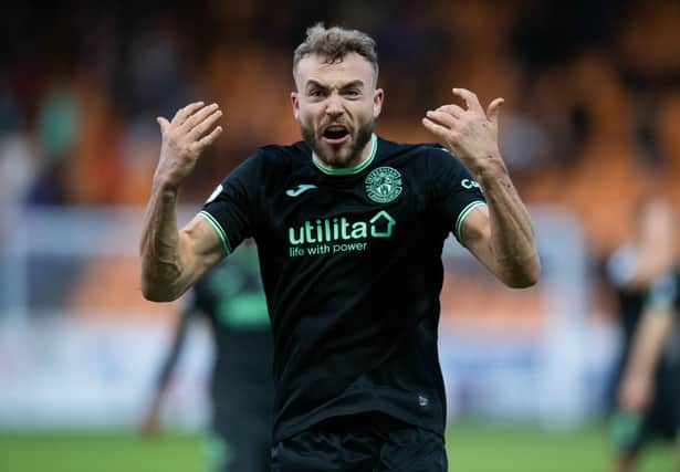 Hibs' Ryan Porteous celebrates at full time during the 3-2 win over Motherwell.