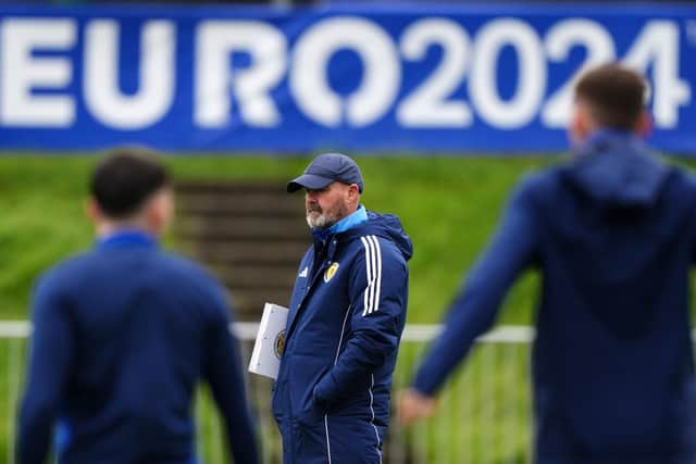 Scotland manager Steve Clarke during a training session at Stadion am Groben in Garmisch-Partenkirchen, Germany.