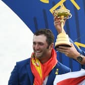 Justin Rose holds the trophy next to Jon Rahm as Europe celebrate winning the 2018 Ryder Cup at Le Golf National in France. Picture: Franck Fife/AFP via Getty Images.
