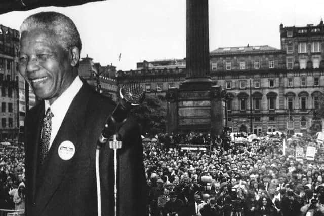 Nelson Mandela addresses the crowds in Glasgow’s George Square in 1993. Picture: David Pratt