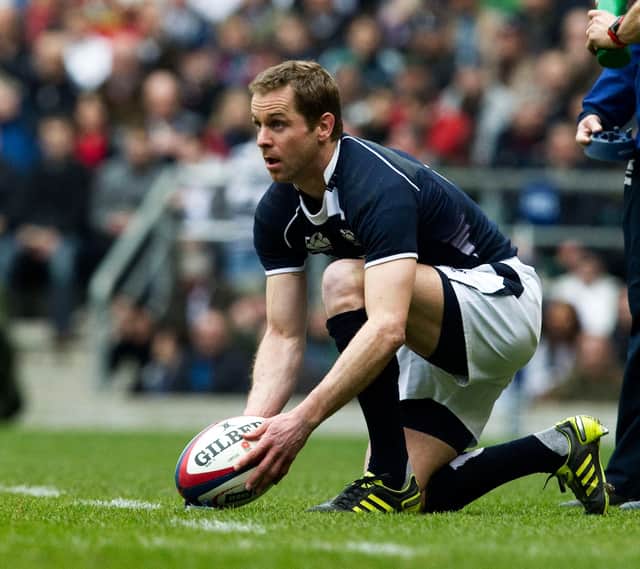 Paterson lines up a kick at Twickenham in 2011. He never tasted success in six attempts for Scotland at the Cabbage Patch.
