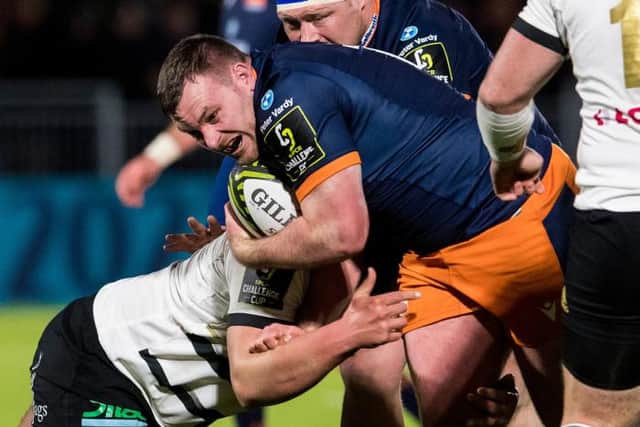 Harrison Courtney (right) in action for Edinburgh during a Challenge Cup match between Edinburgh and CA Brive on January 21, 2022. (Photo by Ross Parker / SNS Group)