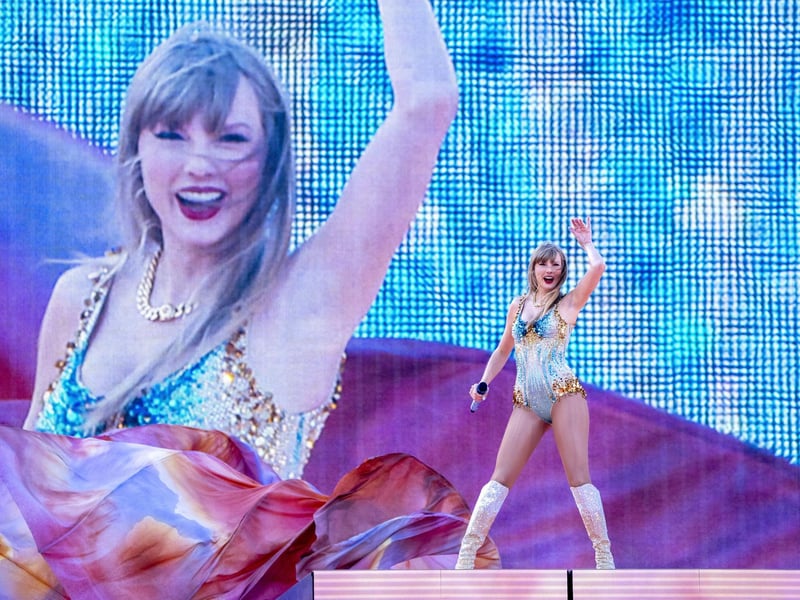 Taylor Swift performs on stage during her Eras Tour at the Murrayfield Stadium in Edinburgh.