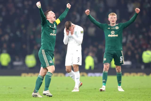 Celtic's Callum McGregor celebrates after winning the Premier Sports Cup Final 2-1 against Hibs. (Jeff Holmes/PA Wire.)