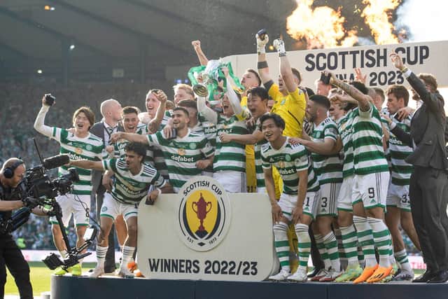 Celtic captain Callum McGregor lifts the Scottish Cup on the pitch rather than the Hampden presentation area after Saturday's 3-1 win over Inverness Caledonian Thistle. (Photo by Craig Williamson / SNS Group)