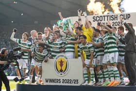 Celtic captain Callum McGregor lifts the Scottish Cup on the pitch rather than the Hampden presentation area after Saturday's 3-1 win over Inverness Caledonian Thistle.  (Photo by Craig Williamson / SNS Group)