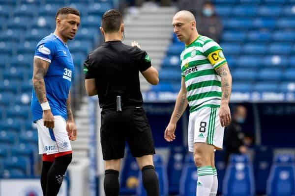Celtic's Scott Brown and James Tavernier during a Scottish Premiership match between Rangers and Celtic at Ibrox Park, on May 02, 2021, in Glasgow, Scotland. (Photo by Alan Harvey / SNS Group)