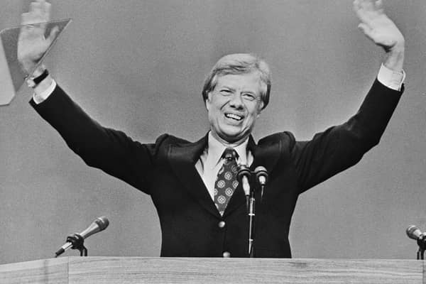 American politician Jimmy Carter waves to delegates in Madison Square Garden, New York City, after the convention had nominated him as the Democratic Presidential candidate, 19th July 1976. (Photo by Consolidated News Pictures/Keystone/Hulton Archive/Getty Images)