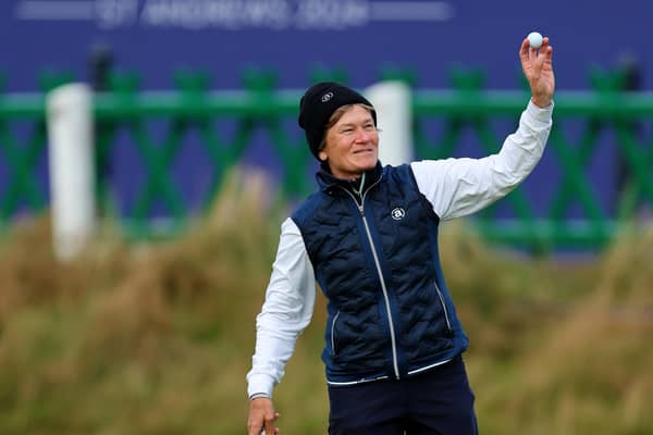 Catriona Matthew acknowledges the crowd on the 18th green after signing off her AIG Women's Open career with a closing birdie at St Andrews. Picture: Luke Walker/Getty Images.