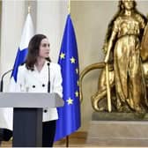 Finland's prime minister, Sanna Marin (left), and its president, Sauli Niinistö, announcing Finland would apply for Nato membership. Photograph: Heikki Saukkomaa/Lehtikuva/AFP/Getty Images