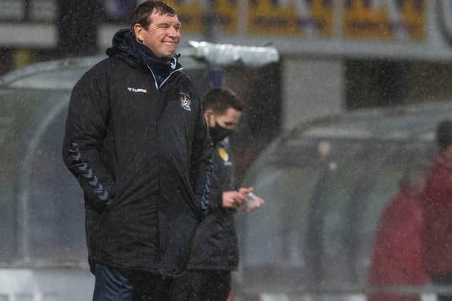 Tommy Wright at a wet Dens Park - his Kilmarnock side trail 2-1 after first leg of Premiership play-off final (Photo by Craig Foy / SNS Group)