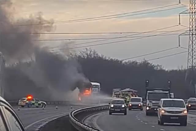 A Lothian bus on fire on the Edinburgh City Bypass in January. Picture: @ShedTonys
