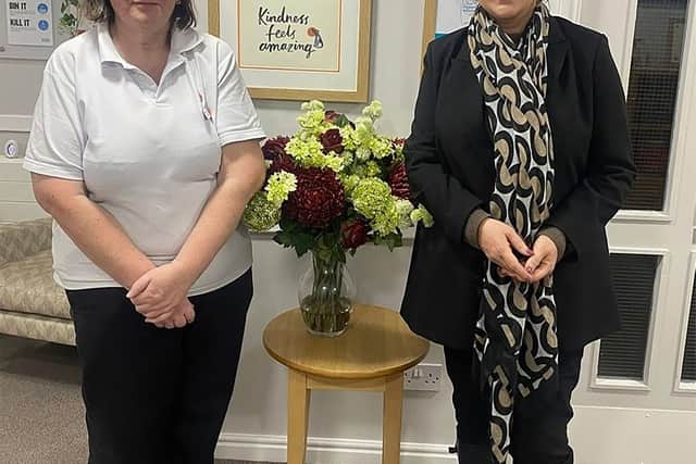 MSP Siobhian Brown with staff member at Claremont Care Home