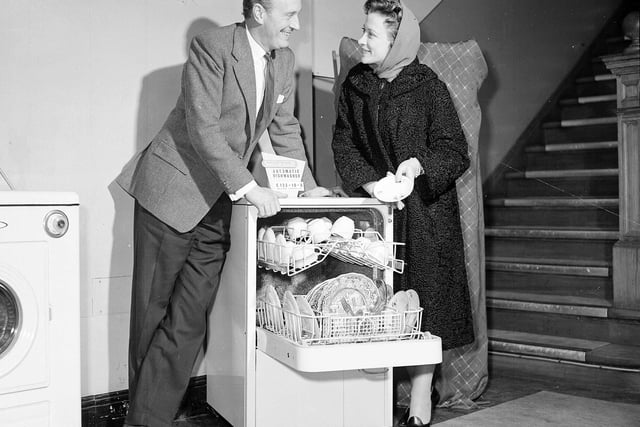 Actors Vanessa Lee and Peter Graves are pictured promoting a new dishwasher at Greys Department Store in George Street in February 1960