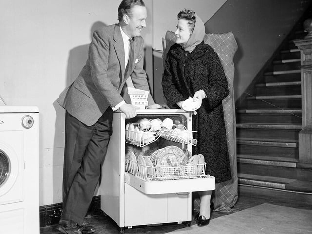 Actors Vanessa Lee and Peter Graves are pictured promoting a new dishwasher at Greys Department Store in George Street in February 1960