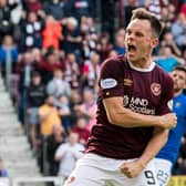 Hearts' Lawrence Shankland celebrates scoring the match-winning penalty in the 3-2 victory over St Johnstone. (Photo by Ross Parker / SNS Group)