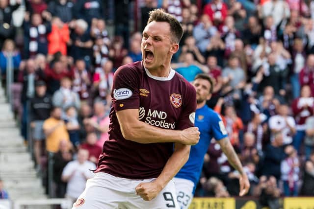 Hearts' Lawrence Shankland celebrates scoring the match-winning penalty in the 3-2 victory over St Johnstone. (Photo by Ross Parker / SNS Group)