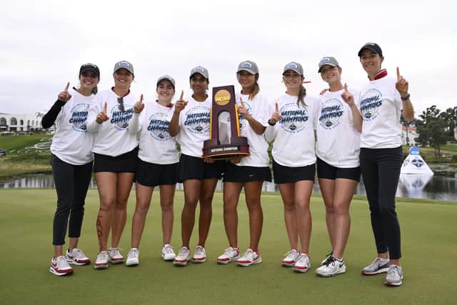 Coach Anne Walker, far right, celebrate with her Stanford team after winning the NCAA Women's Golf Division I Championships at Omni La Costa Resort & Spa in Carlsbad, California. Picture: Orlando Ramirez/Getty Images.