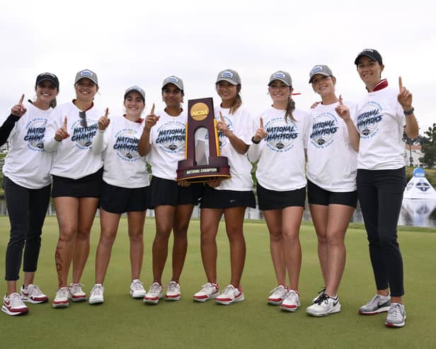 Coach Anne Walker, far right, celebrate with her Stanford team after winning the NCAA Women's Golf Division I Championships at Omni La Costa Resort & Spa in Carlsbad, California. Picture: Orlando Ramirez/Getty Images.
