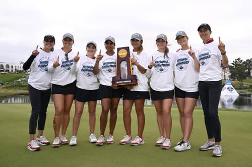 Stanford Cardinal players and coaches celebrate with the winner's trophy after winning the NCAA Women's Golf Division I Championships at Omni La Costa Resort & Spa on May 22, 2024 in Carlsbad, California. (Photo by Orlando Ramirez/Getty Images)