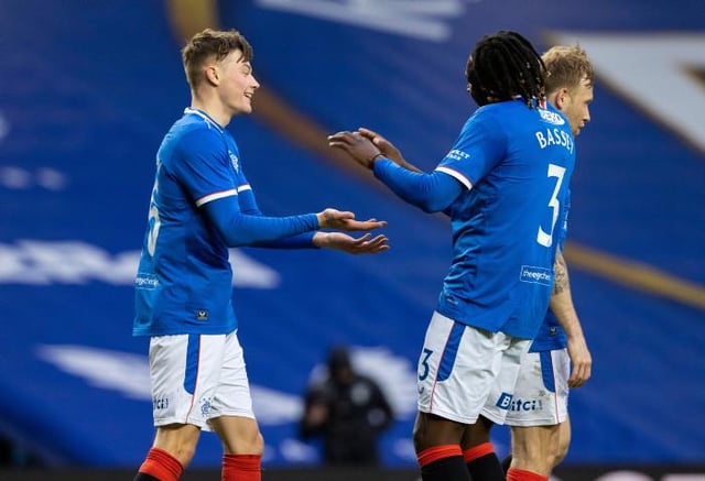 Rangers' Nathan Patterson (L) celebrates making it 4-0 with Calvin Bassey during a Scottish Cup Third Round tie between Rangers and Cove Rangers at Ibrox Stadium, on April 04, 2021, in Glasgow, Scotland. (Photo by Alan Harvey / SNS Group)