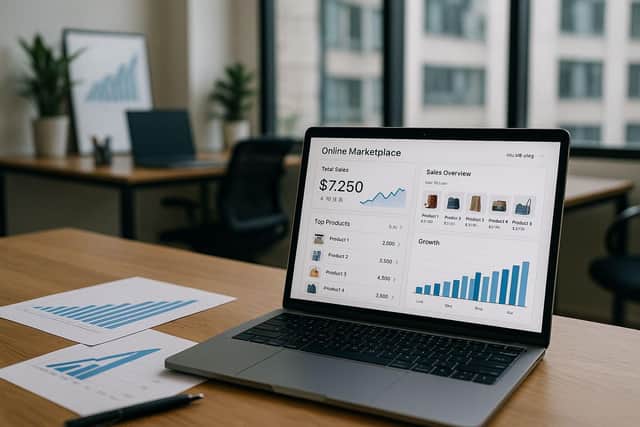 A modern e-commerce workspace displaying business analytics and growth metrics, representing the digital transformation driving Scottish SMEs to achieve £90 million in Amazon platform sales, with individual success stories reaching £200,000 in monthly revenue.