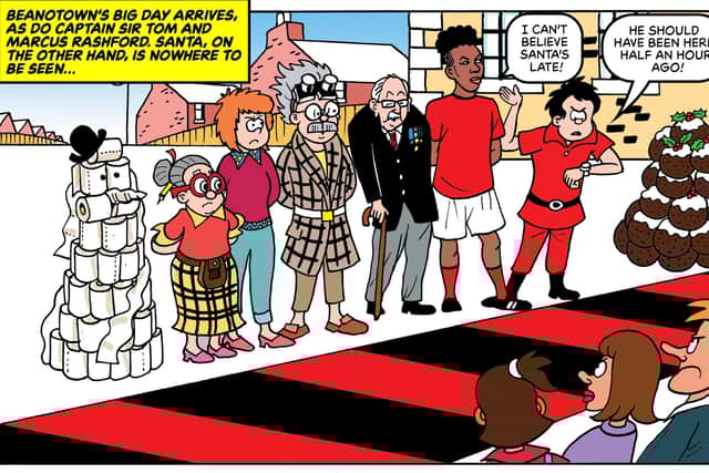 Captain Sir Tom Moore and Marcus Rashford are special guests in Beanotown in the pull-out comic for 'grown-ups'