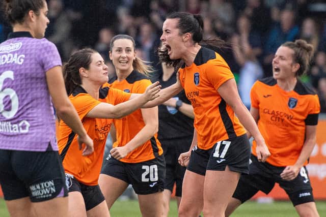 Glasgow City's Niamh Farrelly celebrates her equaliser against Rangers during the battle of the SWPL top two. (Photo by Ross MacDonald / SNS Group)