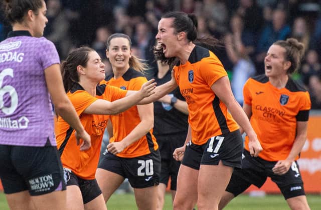 Glasgow City's Niamh Farrelly celebrates her equaliser against Rangers during the battle of the SWPL top two. (Photo by Ross MacDonald / SNS Group)