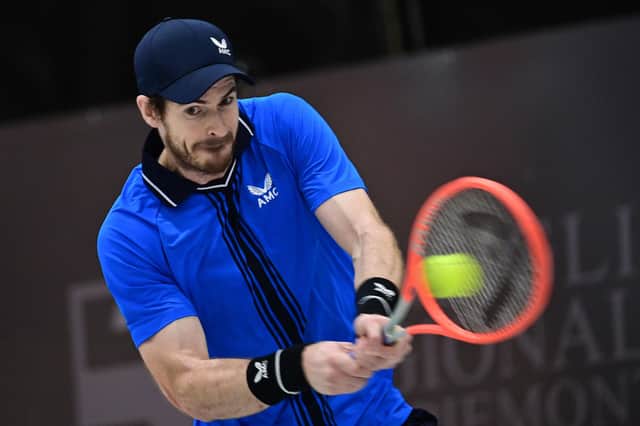 Andy Murray returns to Germany's Maximilian Marterer during their first round match at the ATP Challenger tournament in Biella, Piedmont. Picture: AFP via Getty Images