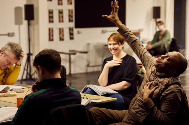 Rehearsals for The Wonderful Story of Henry Sugar, from l-r: director Ben Harrison, David Rankine as Henry Sugar, Rosalind Sydney as Dr Jane Cartwright and Dave Fishley as Michael PIC: Peter Dibdin