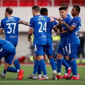 Rangers celebrate after Jermain Defoe bags their fourth goal of the game. Picture: SNS