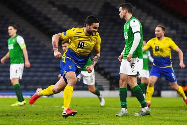 Craig Conway wheels away in celebration after scoring St Johnstone's final goal in their 3-0 victory over Hibs in the Betfred Cup semi-final. Photo by Ross MacDonald/SNS Group